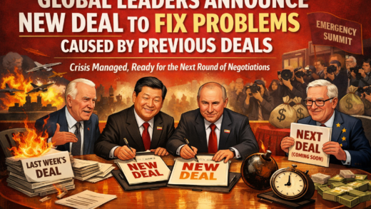 Satirical illustration of world leaders signing a new deal while previous deals burn, symbolizing endless cycles of geopolitical agreements