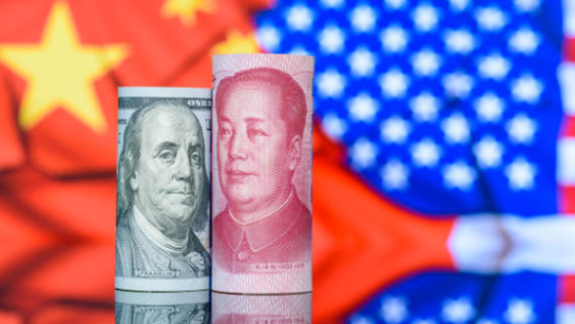 Oil tanker passing through Strait of Hormuz with US dollar and Chinese yuan symbols representing global financial power shift