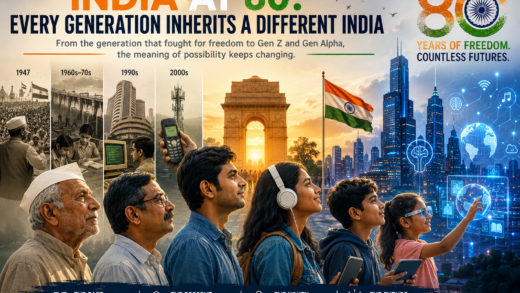 India at 80 showing generations from independence to Gen Z and the AI future